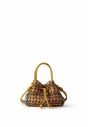 Small handbag with woven brown and yellow leather strips, rounded handles, and a drawstring closure on a white background.