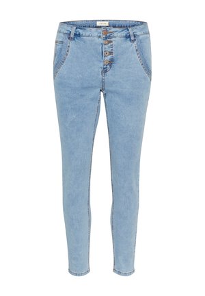 Gaiši zili džinsa džinsi ar augstu vidukli, piecām pogām aizdares vietā un divām priekšējām kabatām. Audumam ir gluda tekstūra ar minimālu izbalējumu.