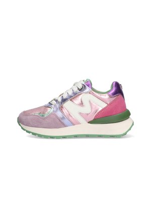 Pink and purple athletic sneakers with a suede and metallic finish, white accents, green rubber sole, and multi-colored design details.