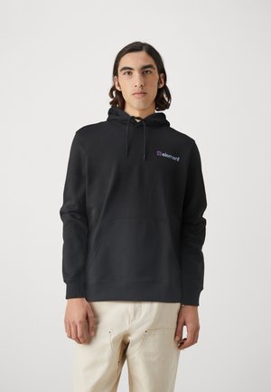 Black hoodie with a front pocket, drawstring, and a small purple "element" logo on the chest. Features a soft texture and regular fit.