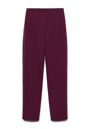 Pantaloni a vita alta con gamba dritta in colore bordeaux scuro con tasche laterali, mostrati distesi su sfondo bianco.