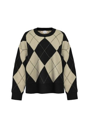 Neulepaita, jossa on musta ja kerma argyle-kuvio, pyöreä kaula-aukko, pitkät hihat sekä ribbiresorit hihansuissa ja helmassa.