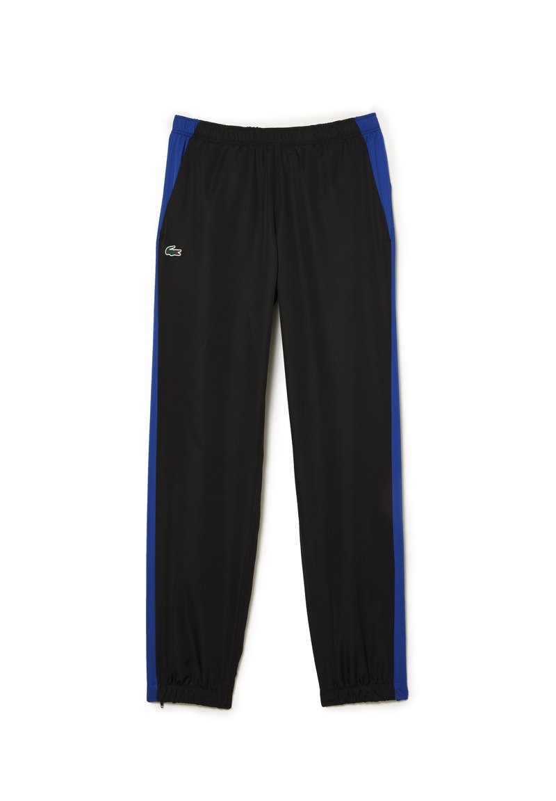 Pantaloni sportivi neri con accenti blu sui fianchi, vita elastica e design a gamba affusolata; realizzati in materiale liscio e leggero.