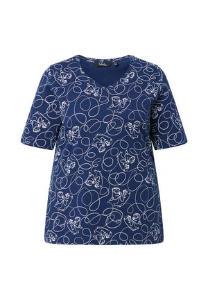Donkerblauw shirt met korte mouwen, bedrukt met witte doorlopende lijntekeningen van dansende beren en lussen, V-hals kraag, casual stijl.