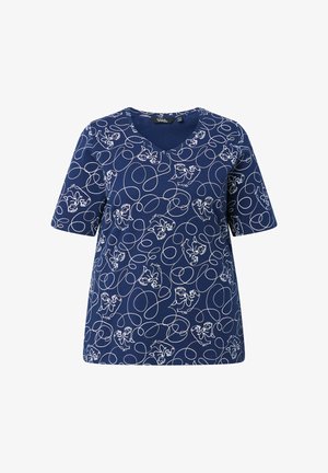 Camicia blu navy a maniche corte con disegni a linea continua bianchi di orsi danzanti e anelli, collo a V, stile casual.