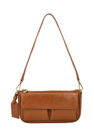 Braune Leder-Schultertasche mit vorderer Klappentasche, Reißverschluss, abnehmbarem Riemen und angebrachtem rechteckigem Lederanhänger.