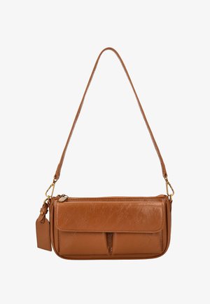 Borsa a tracolla in pelle marrone con tasca anteriore con patta, chiusura con zip, tracolla staccabile e targhetta rettangolare in pelle attaccata.