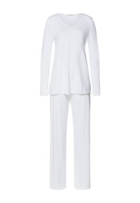 Set di abbigliamento da casa bianco composto da una maglietta a maniche lunghe e scollo a V e pantaloni a gamba dritta, realizzato in un tessuto morbido con una superficie liscia.