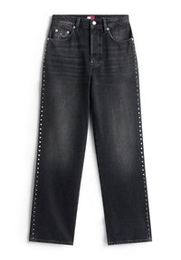 Jeans de mezclilla negra con un corte relajado, que presentan detalles de remaches plateados a lo largo de las costuras laterales y un diseño clásico de cinco bolsillos.
