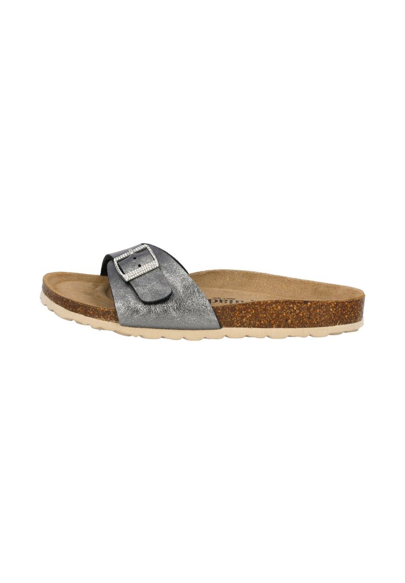 Metallic silver slide sandal with a wide strap featuring a buckle, cork midsole, and beige rubber outsole. Textured upper and flat profile.
