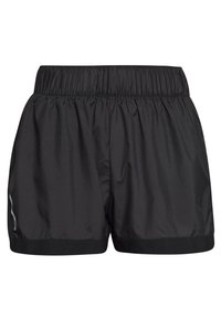 Pantalones cortos deportivos negros con una amplia cinturilla elástica y un pequeño logotipo reflectante en la pierna izquierda, diseñados para correr o actividades deportivas.