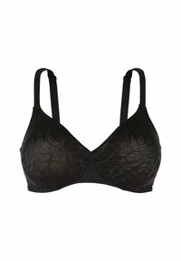 Soutien-gorge en dentelle noire avec un motif floral, bonnets triangulaires doux, bretelles réglables et bandeau lisse. Détail avec une petite accentuation.