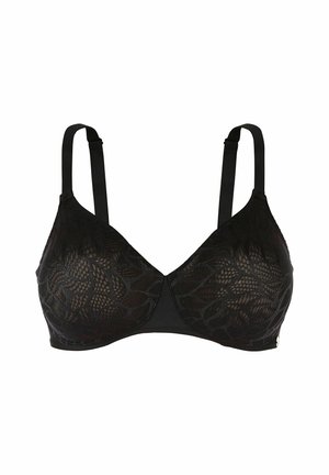 Zwarte kanten bh met een bloemmotief, zachte driehoekige cups, verstelbare banden en een gladde onderband. Gedetailleerd met een kleine accent.