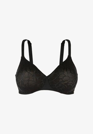 Schwarzer Spitzen-BH mit floralem Muster, weichen Dreiecksbügeln, verstellbaren Trägern und einem glatten Unterband. Mit einer kleinen Akzentuierung versehen.