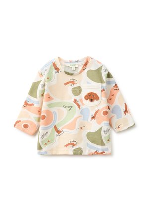 Longsleeve peutershirt met abstracte pasteltinten, vos illustraties en een klein zakje met een getextureerd honden gezicht aan de voorkant.