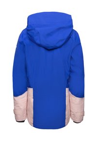 Blaue und rosa Skijacke mit Kapuze, featuring kontrastierenden Ärmeln, glatter Textur und verstellbaren Bündchen. Rückansicht ohne Taschen.