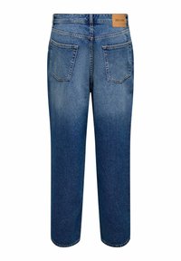 Mørkeblå denimjeans med rett snitt, med to baklommer og et merket lærpatch på livet. Ren, klassisk design.