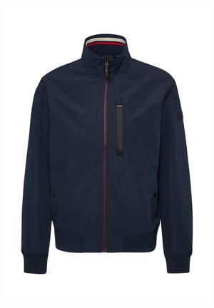 Marineblauer Reißverschlussjacke mit gerippten Bündchen, zwei vorderen Taschen mit Knöpfen, vertikaler Brusttasche mit Reißverschluss und gestreiftem Kragenfutter.