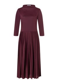 Bordeaux midi-jurk met hoge hals, lange mouwen en een geplooide rok. Gemaakt van een gladde, rekbare stof.