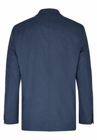 Marineblaues Sakko aus strukturiertem Stoff, mit spitzem Kragen und zwei Knopfdetails an den Ärmeln. Die Rückansicht zeigt klare Linien.