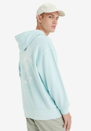 Light blue hoodie with a relaxed fit, featuring a palm tree graphic on the back. Made of soft fabric with a drawstring hood and ribbed cuffs.