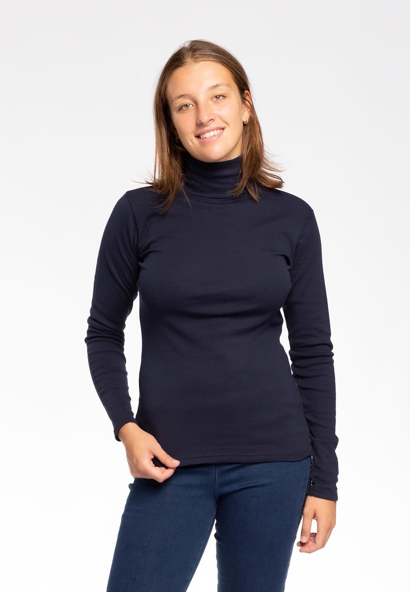 Maglione girocollo blu navy realizzato in cotone elasticizzato, con maniche lunghe e vestibilità aderente, che si abbina ai jeans in denim scuri.