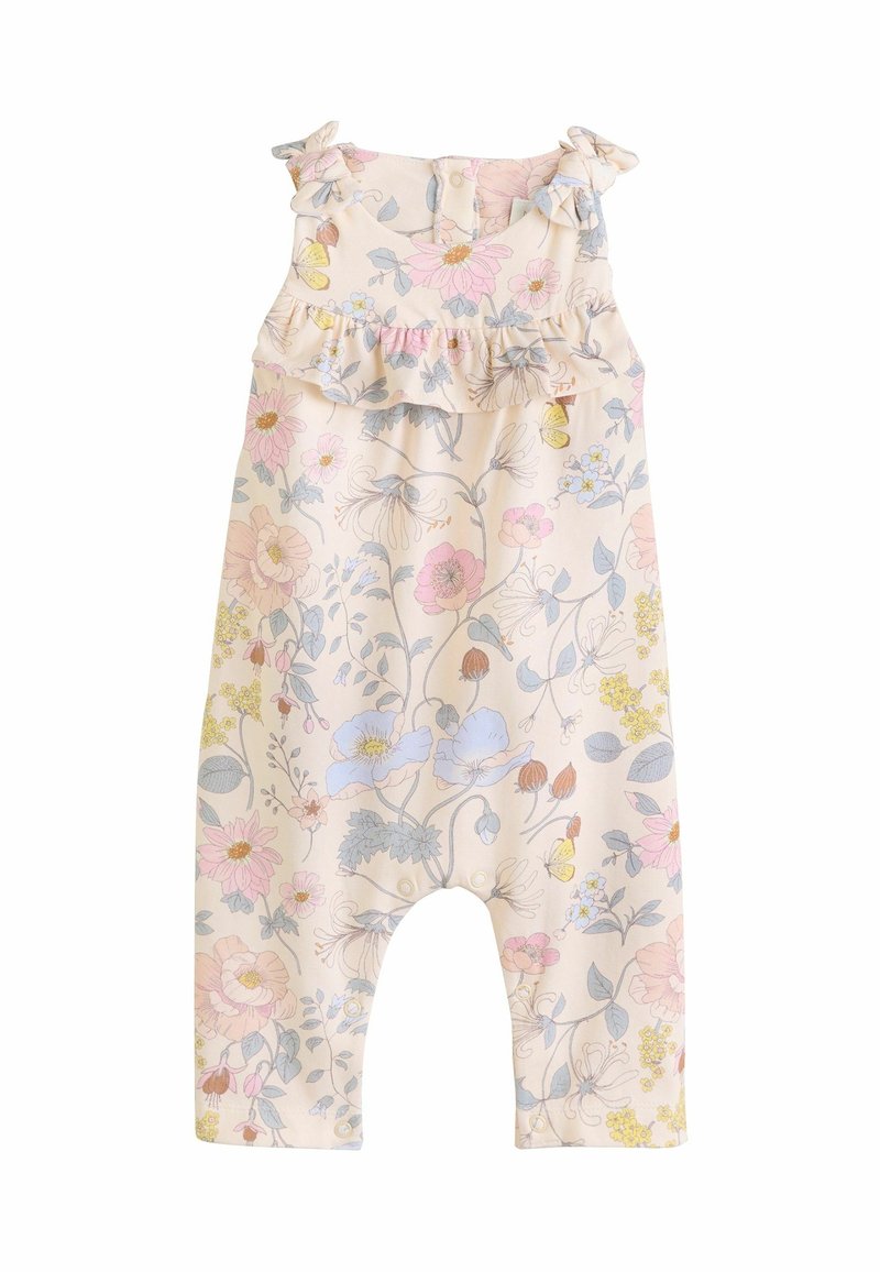 Barboteuse bébé beige sans manches avec imprimé floral rose, jaune et bleu, détail volanté sur la poitrine et fermetures à pression aux jambes et dans le dos.