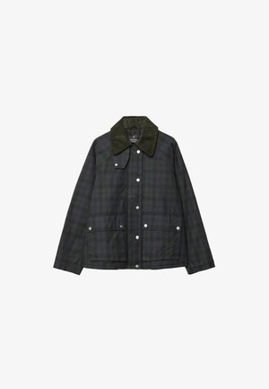Ruitjessak in donker groen en zwart, met een corduroy kraag, drukknoopsluiting en twee voorzakken. Gemaakt van een duurzame stof.