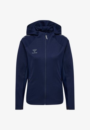 Granatowa kurtka na zamek z kapturem, wykonana z gładkiego materiału. Posiada srebrne logo na piersi oraz kieszenie na bokach zapinane na zamek.