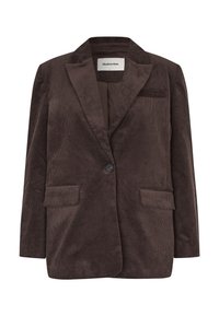 Blazer in velluto a coste marrone scuro con un singolo bottone nero, rever a alette, due tasche anteriori a pattina e tasca sul petto, taglia piccola di Modström.
