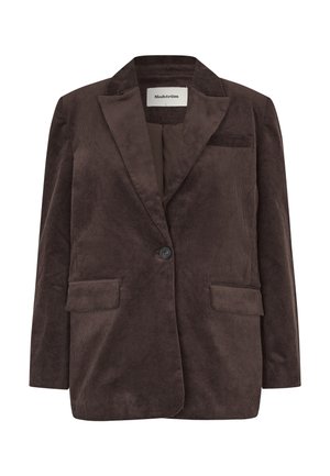 Mørkebrun kordfløjl blazer med enkelt sort knap, slidskrave, to forreste klaplommer og brystlomme, størrelse små fra Modström.