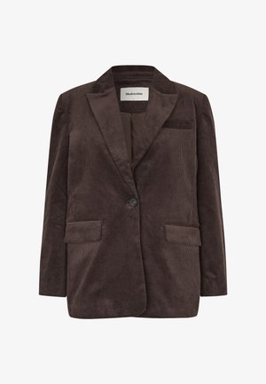 Dark brown corduroy blazer with single black button, notch lapels, two front flap pockets, and chest pocket, sized small by Modström.