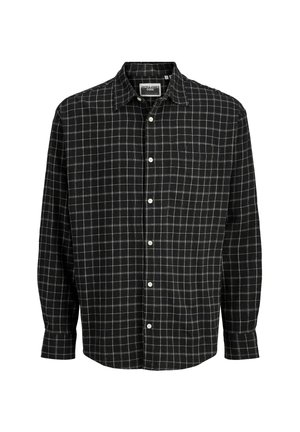 Camicia nera a maniche lunghe con bottoni, motivo a griglia bianca, colletto aperto e etichetta con marchio all'interno del colletto.