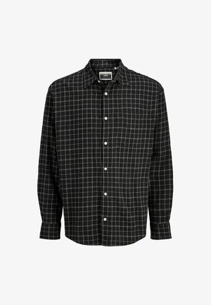 Chemise noire à manches longues avec boutonnière, motif à carreaux blancs, col spreads et étiquette de marque à l'intérieur du col.