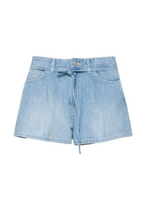 Svetlomodré denimové šortky s pútkami na opasok, prednými vreckami, zapínaním na gombík a zaväzovacou šnúrkou v páse.