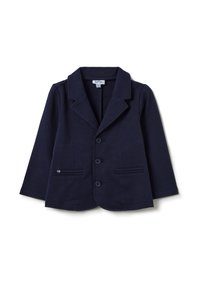 Marineblauwe blazer van zachte stof, met een geknipt revers, drie knopen en twee voorkruisen met een gestreepte accent.