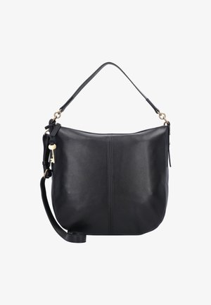 Sac hobo en cuir noir avec une fermeture éclair incurvée sur le dessus, une poignée unique, une bandoulière réglable et un petit porte-clés décoratif sur le côté.