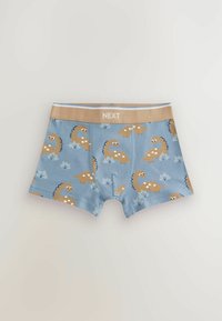 Ljusblå boxertrosor med ett dinosauriemönster i brunt med vita detaljer, en tan elastisk midjeband med vit märkning "NEXT."