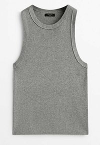 Débardeur gris à côtes avec un col rond et des emmanchures surdimensionnées. Fabriqué à partir d'un tissu doux et extensible pour plus de confort.