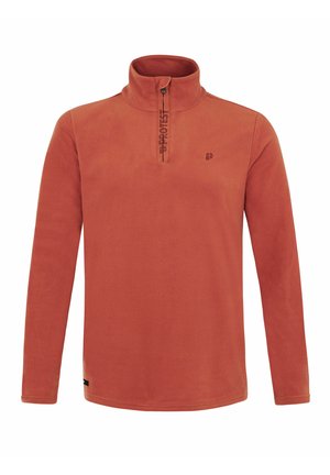 Rūdžių oranžinės spalvos flisinis megztinis su pusiau užtrauktuku, aukšta apykakle ir juodu UPROTEST logotipu priekyje. Ilgos rankovės ir lygus paviršius.