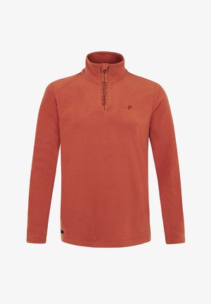 Rūdžių oranžinės spalvos flisinis megztinis su pusiau užtrauktuku, aukšta apykakle ir juodu UPROTEST logotipu priekyje. Ilgos rankovės ir lygus paviršius.