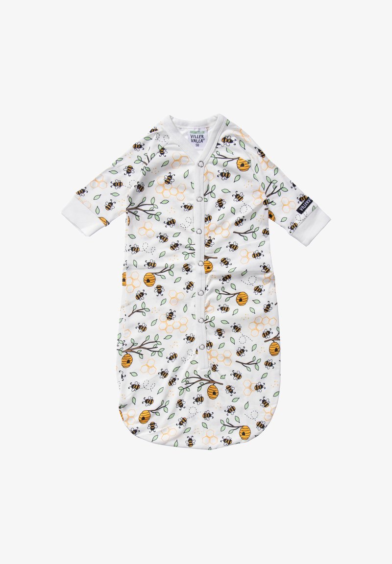 Grenouillère blanche pour bébé à manches longues, avec boutons-pression et un motif d'abeilles, de rayons de miel, de feuilles vertes et de ruches.