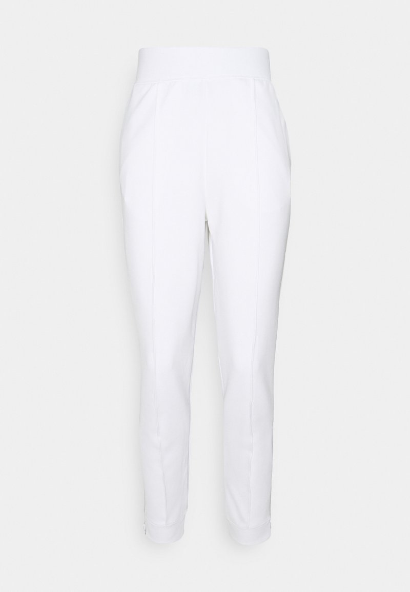 Witte op maat gemaakte broek met een brede elastische tailleband, slim fit, zijzakken en boorden bij de enkel. Glad, lichtgewicht stof.