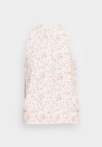 Blomstret haltertop i letvægtsstof; har en rynket halsudskæring og en pastel farvepalette med små, flerfarvede blomsterprints.