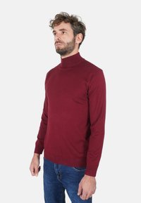 Maglione dolcevita bordeaux dal design aderente, realizzato in tessuto morbido, con maniche lunghe e bordo a coste sul collo e sull'orlo.