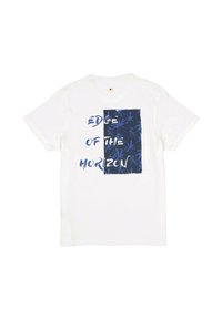 White cotton t-shirt featuring navy graphic design with "EDGE OF THE HORIZON" text and leaf pattern on the front. Short sleeves, round neck.