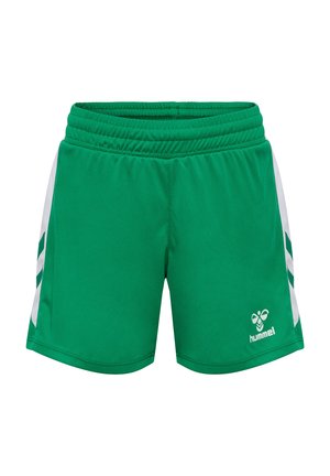 Grüne Sportshorts aus leichtem Stoff. Mit weißem Seitenstreifen und Logo. Elastischer Bund für Komfort. Kurzes Schnittdesign.