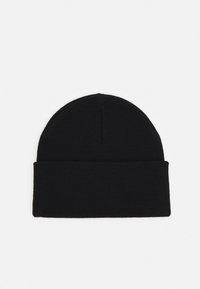 Black knitted beanie hat with a folded cuff. Features a soft texture and a snug fit. Rounded top with no visible hardware or patterns.