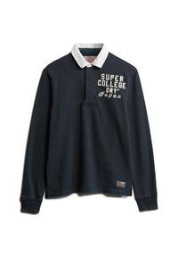 Marineblauwe polo met lange mouwen en witte kraag, voorzien van geborduurde tekst "SUPER COLLEGE DRY JAPAN" en een klein logo-opzetstuk op de zoom.