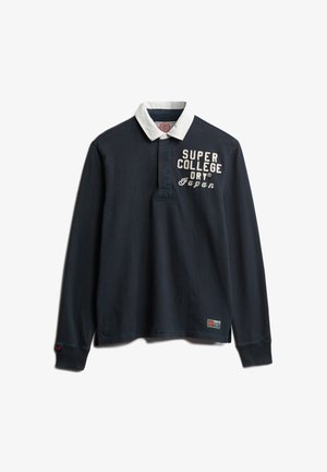 Marineblauwe polo met lange mouwen en witte kraag, voorzien van geborduurde tekst "SUPER COLLEGE DRY JAPAN" en een klein logo-opzetstuk op de zoom.